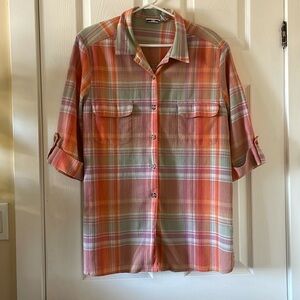 VINTAGE Alia sport plaid shirt short sleeved pink coral